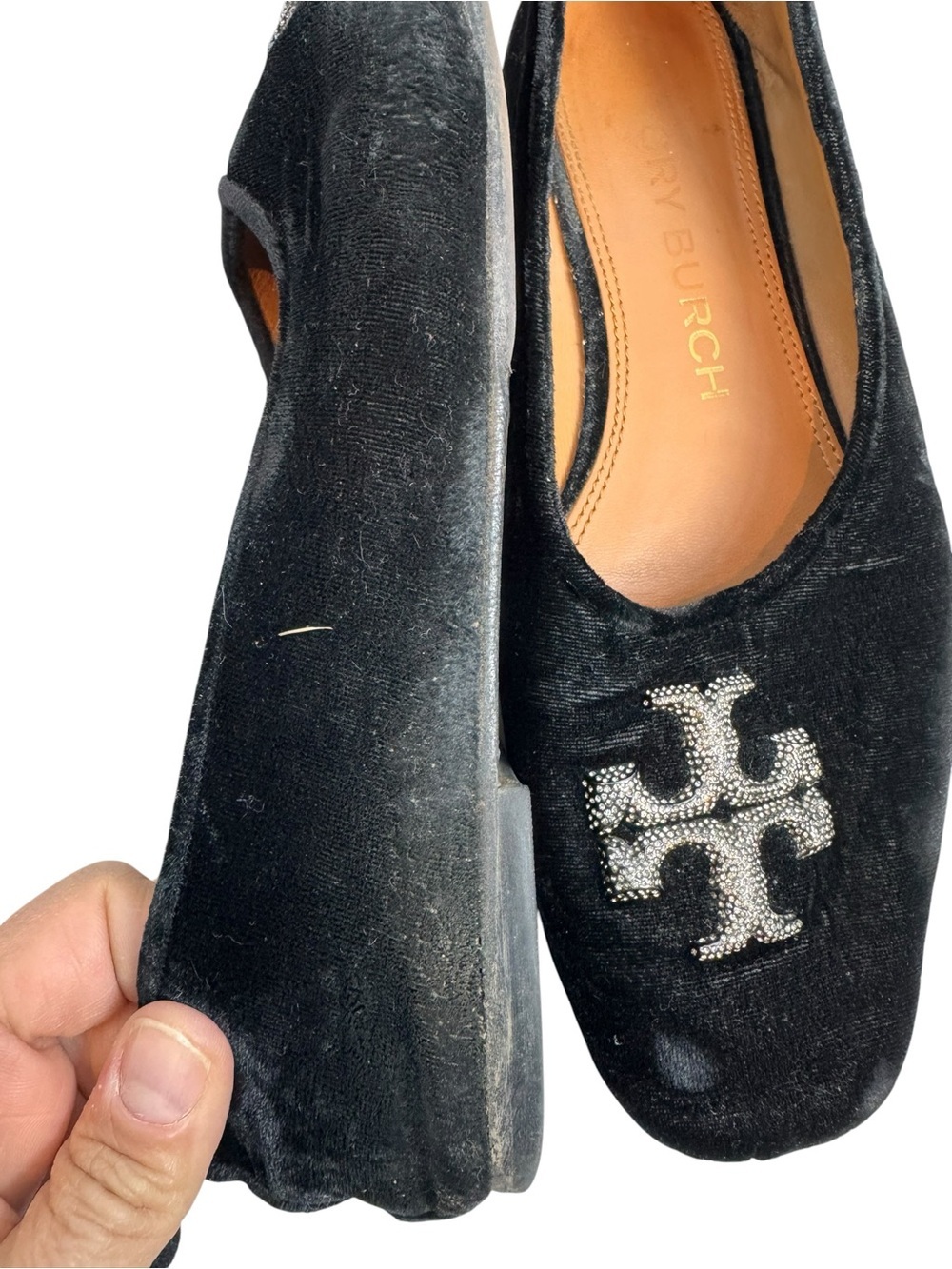 Tory Burch Eleanor Black Velvet Flats with Crystal Logo 8.5 - Picture 3 of 5